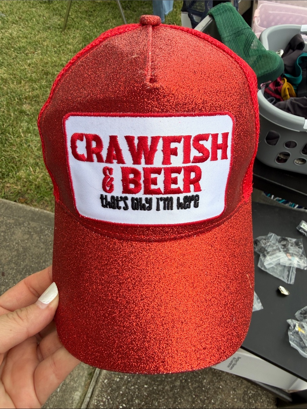 Crawfish & Beer Red Glitter Trucker Hat